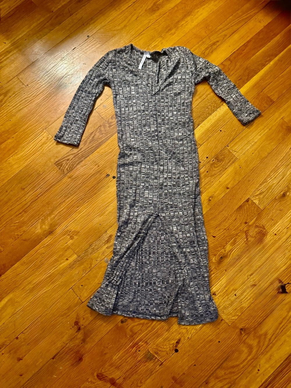 Gray Ribbed Long-Sleeve Maxi Dress with Front Slit